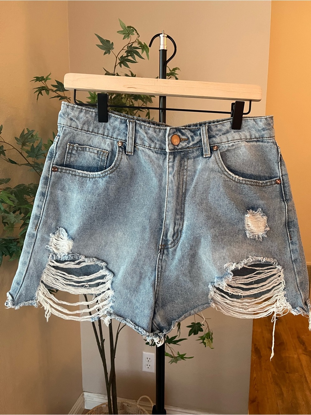 High-Rise Distressed Denim Shorts - Light Blue